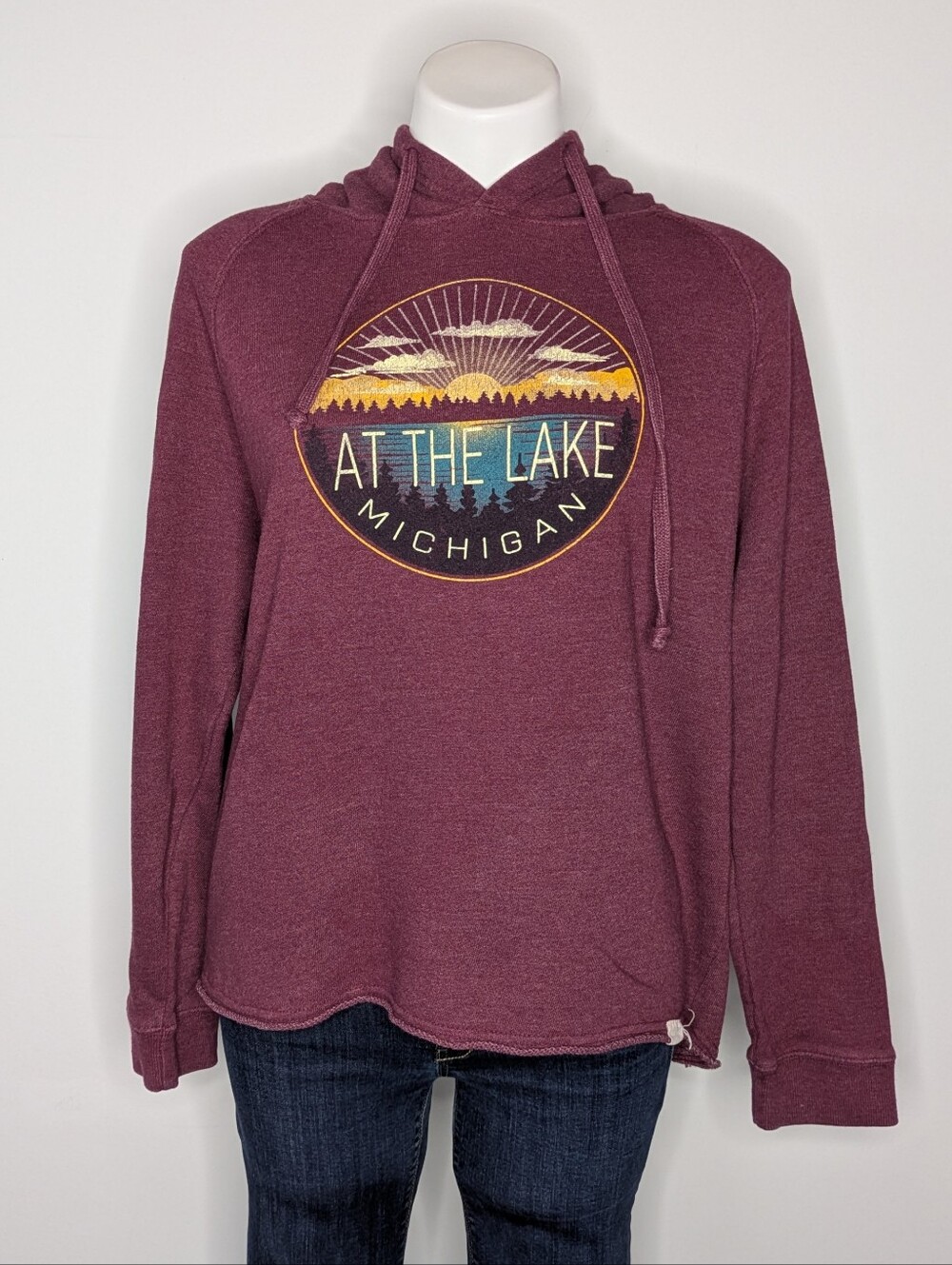 Blue 84 Maroon At The Lake Michigan Lightweight Cotton Blend Long Sleeve Hoodie